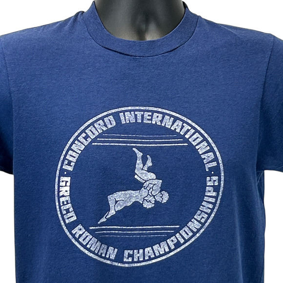 Vintage 80s Greco Roman Championships T Shirt Mens Small Blue Wrestling Concord - Picture 1 of 7